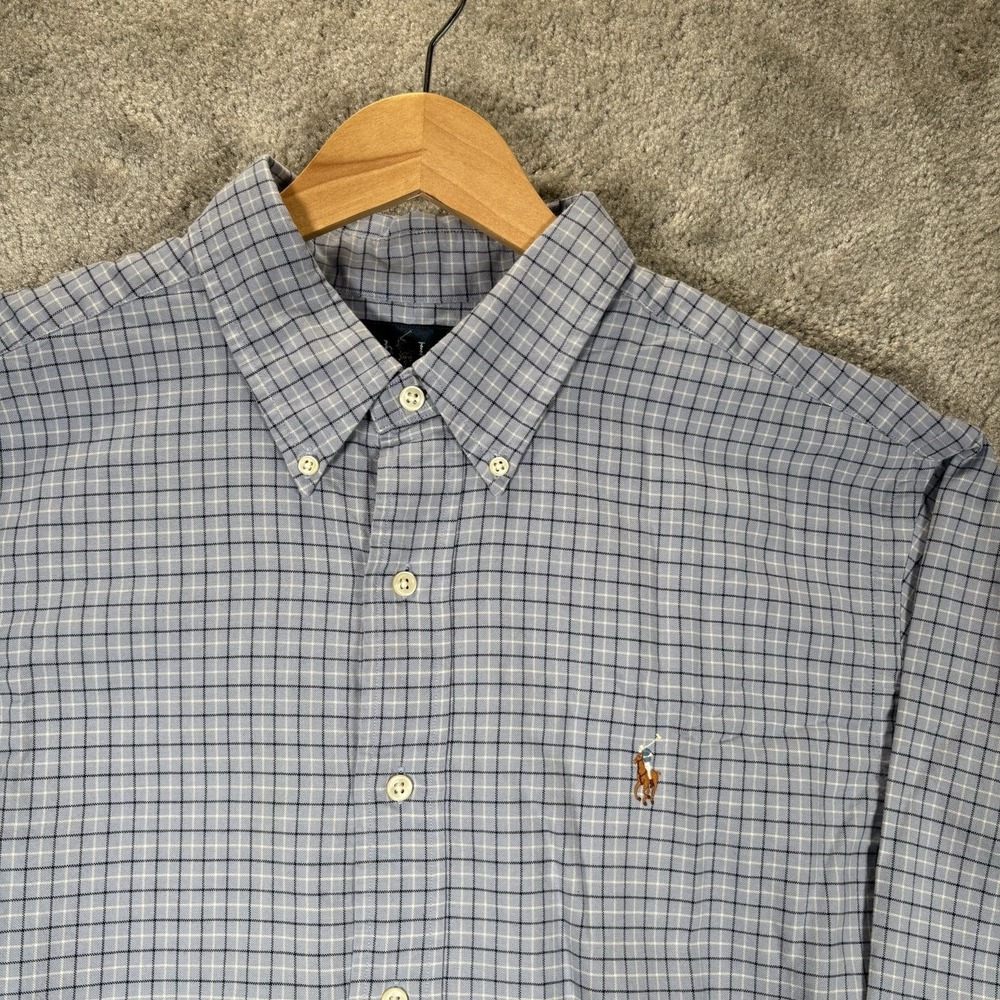 Vintage Polo Ralph Lauren Shirt Mens XL Light Blue Plaid Long Sleeve Logo 90s